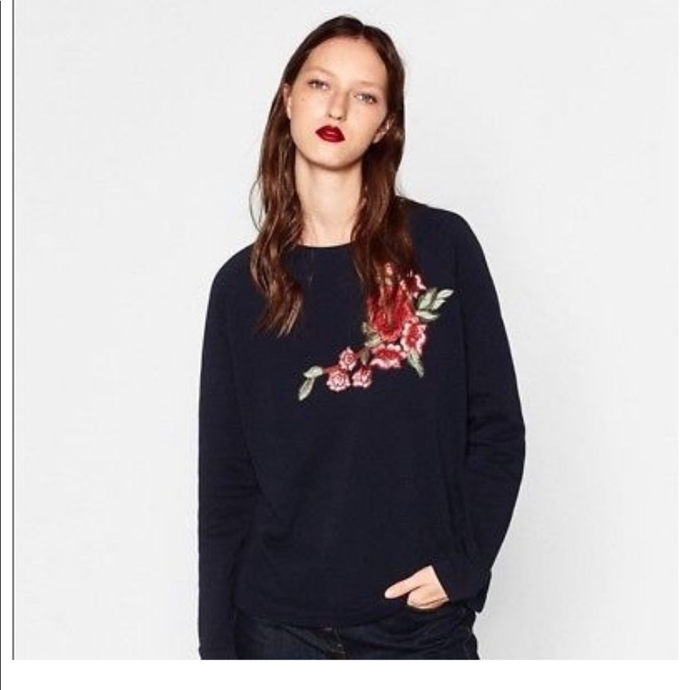 Navy Zara W&B Collection embroidered pullover